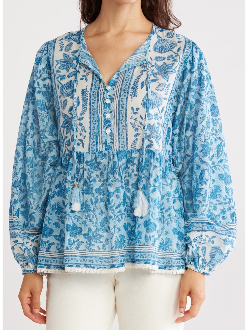 Chelsea & Theodore Blue White Tassel Floral Peasant Tunic Top M Cottagecore Boho